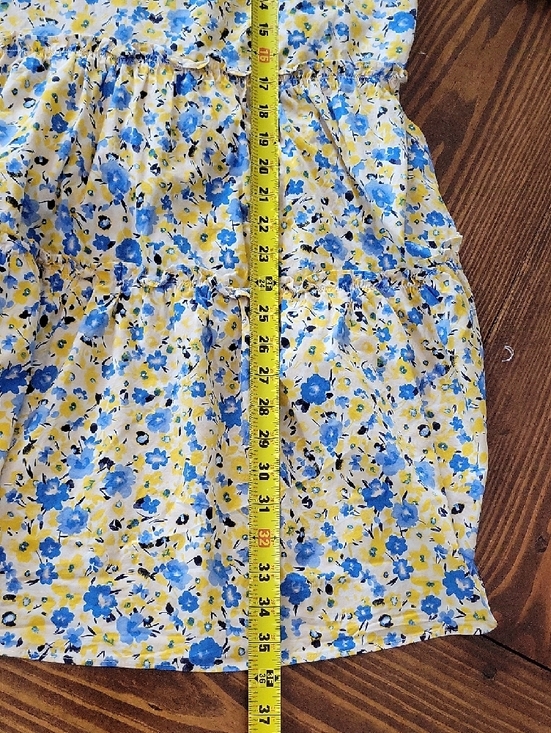 Ann Taylor Yellow Tiered Mini Dress, Blue Florals, Sz L, Coquette